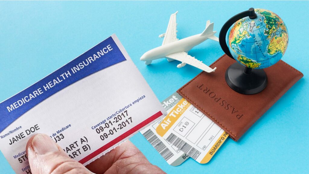 Medicare health insurance card with a passport, airplane model, and a globe, representing international travel coverage with Medicare.