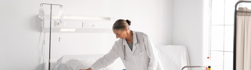 Doctor preparing a hospital room for a patient, symbolizing Medicare Parts A and B coverage during international travel.